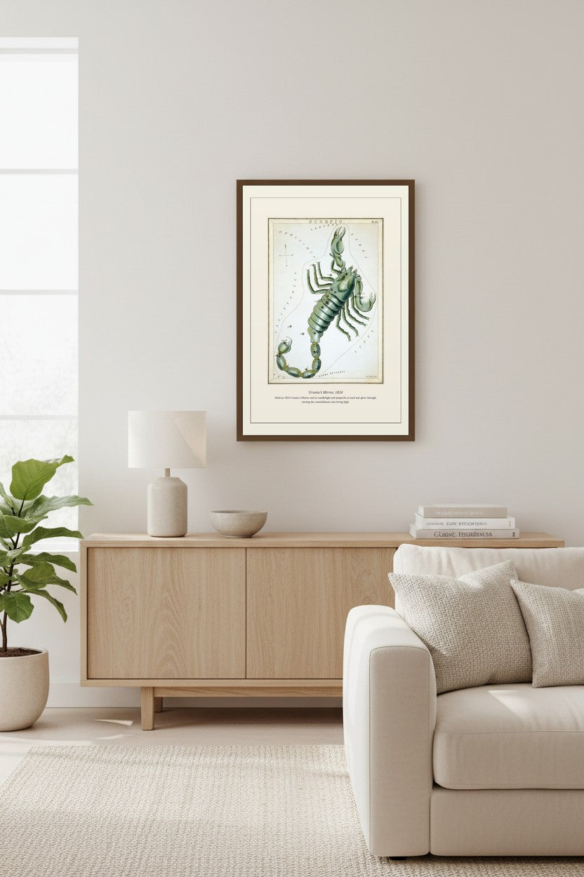 Urania's Mirror constellation card framed above a sideboard in a neutral living room