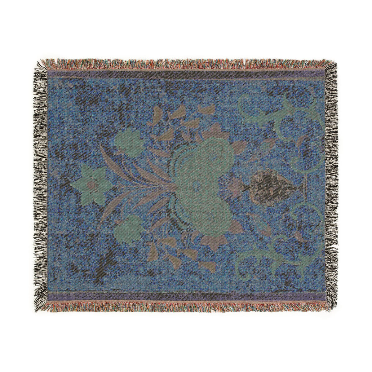 Vase with flower arrangement woven throw blanket reverse, blue-indigo ground with teal-green floral scrollwork