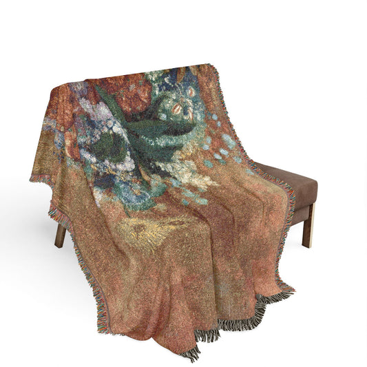 Vase of Flowers woven throw blanket over bench, ivory ground with Flemish-style blooms cascading, fringe edges