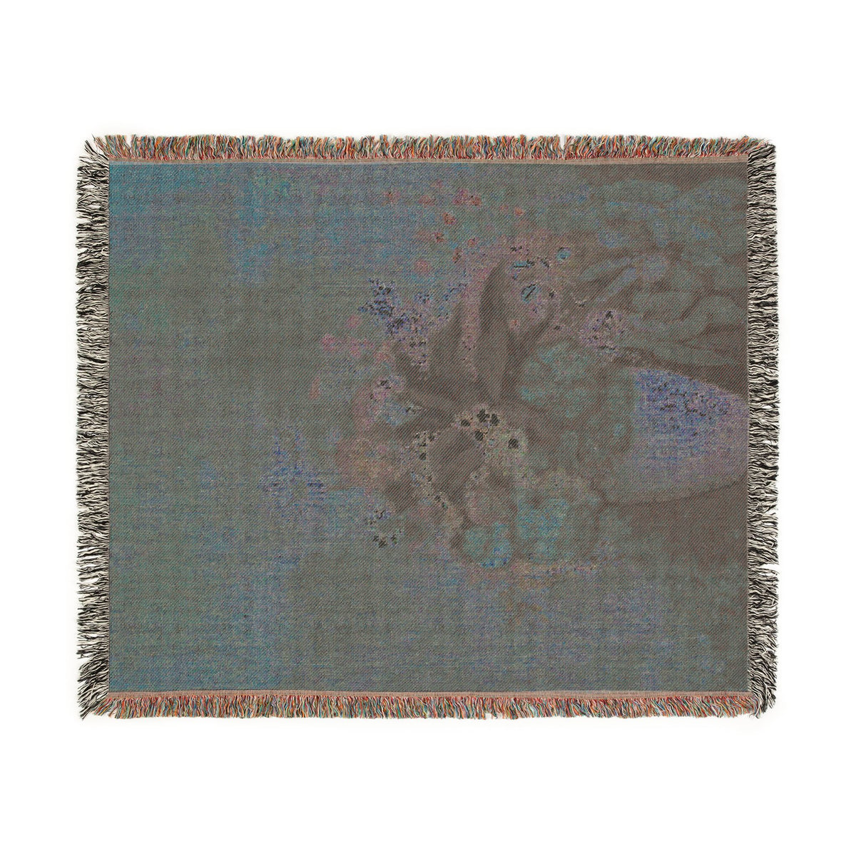 Vase of Flowers woven throw blanket dark colorway, charcoal with teal-blue Dutch floral vase scene, fringe sides