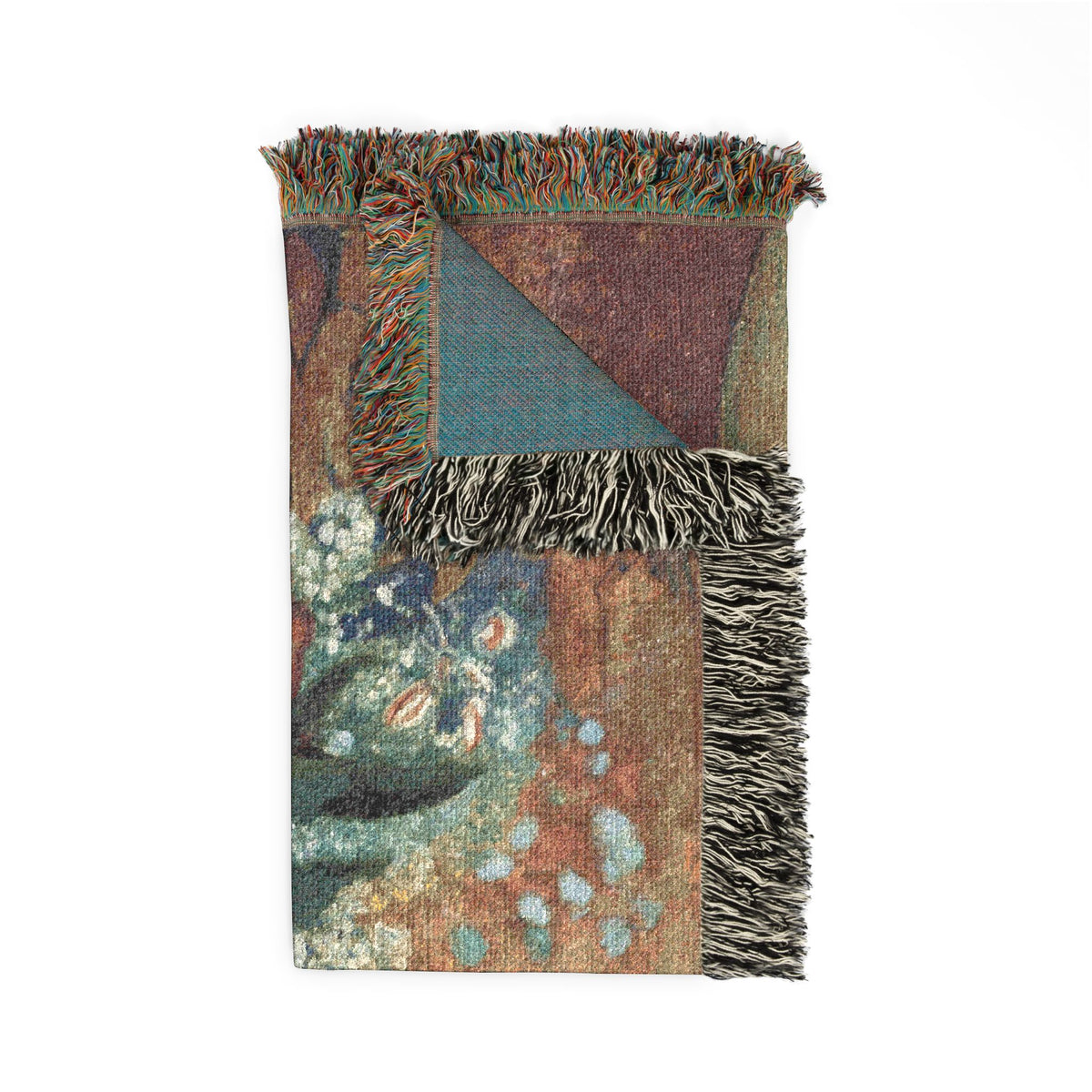 Vase of Flowers woven throw blanket, warm ivory front with charcoal reverse through triangular fold, corner detail