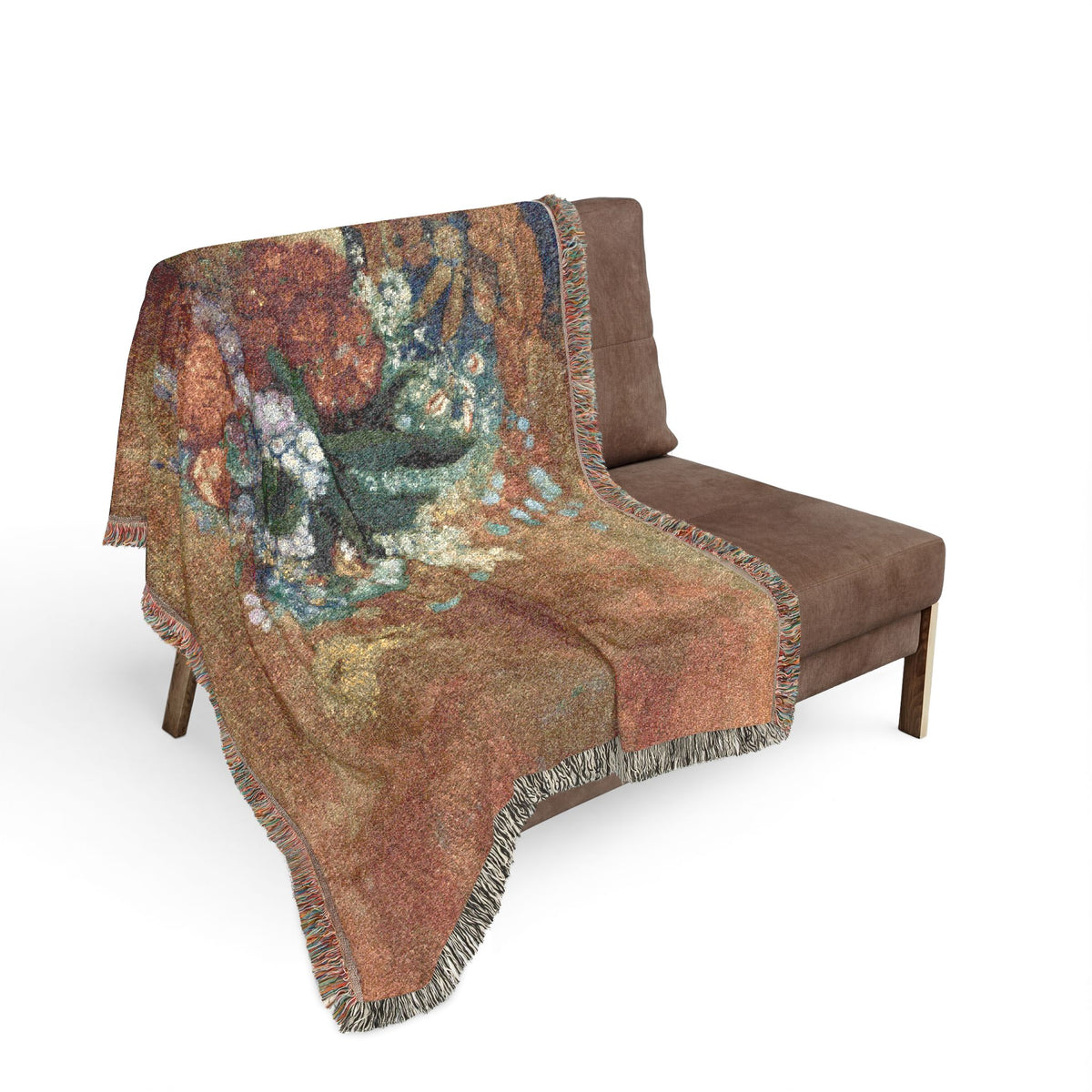 Vase of Flowers woven throw blanket over loveseat, ivory ground with Dutch Golden Age bouquet draping, fringe