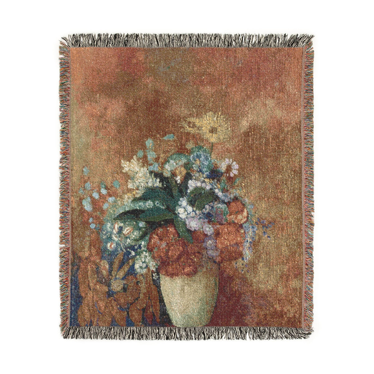 Vase of Flowers woven throw blanket, ivory with Dutch Golden Age bouquet in terra-cotta vase, fringe, flat lay
