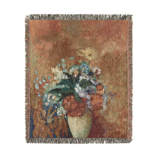 Vase of Flowers woven throw blanket, ivory with Dutch Golden Age bouquet in terra-cotta vase, fringe, flat lay