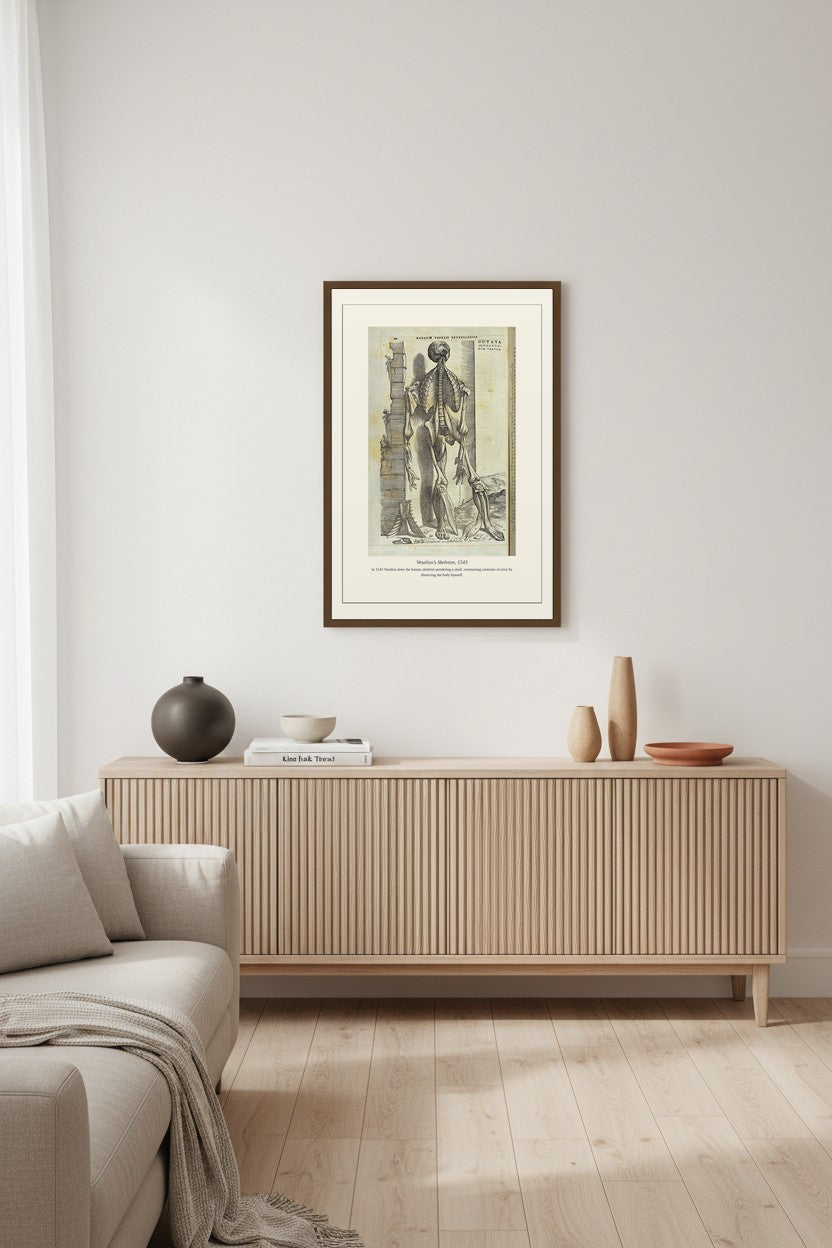 Vesalius's Skeleton engraving framed above a light wood sideboard in a neutral room
