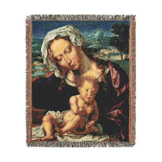 Virgin and Child in a Landscape throw blanket flat front, Mary holding infant Jesus, deep blue sky landscape, colorful fringe