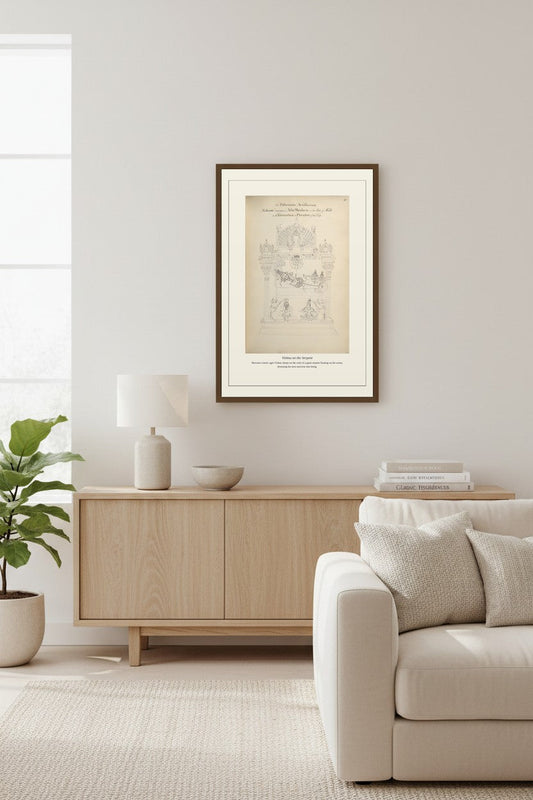 Vishnu on the Serpent print above a light wood sideboard beside a potted plant
