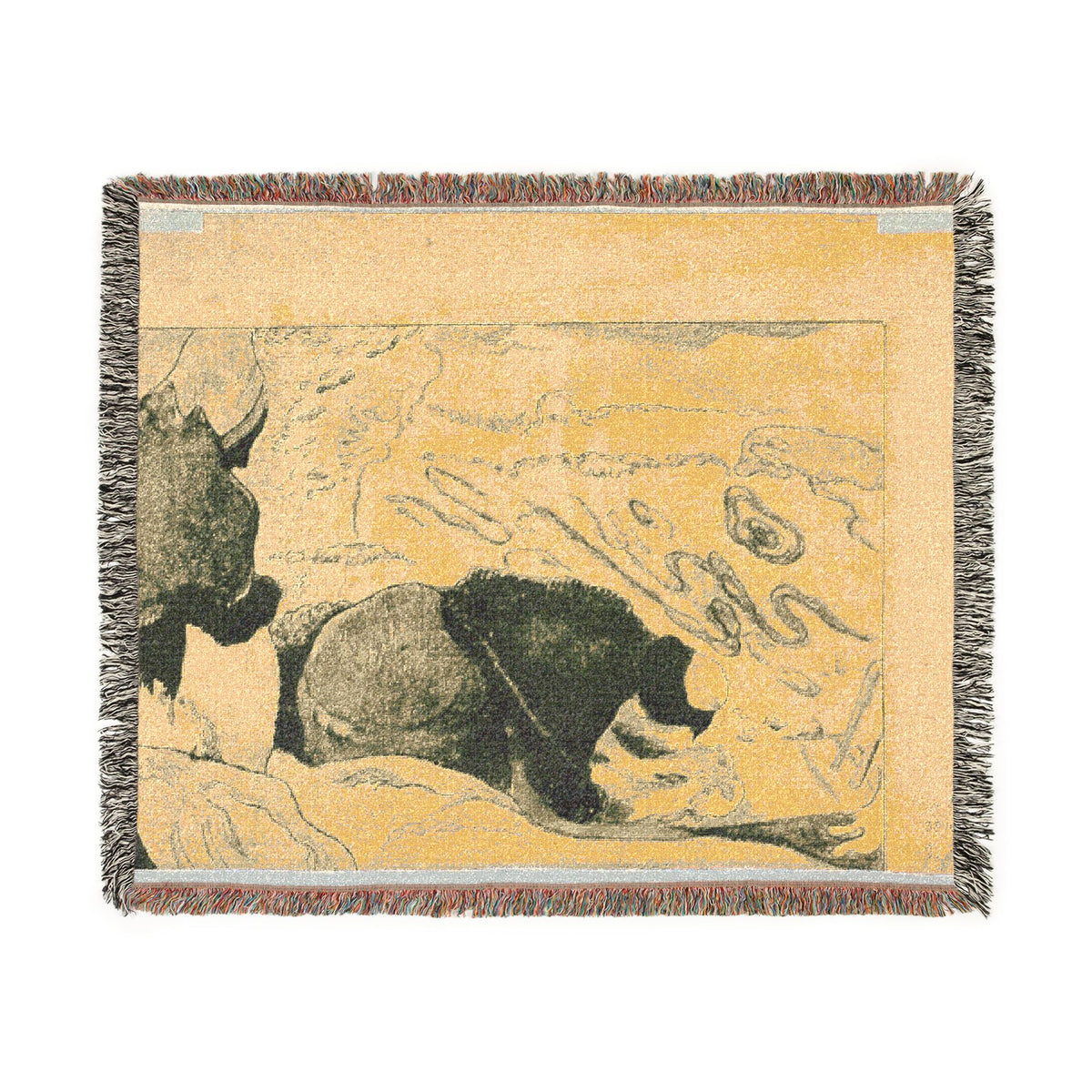 Volpini Suite women washing clothes throw blanket, golden-yellow with Gauguin-style crouching figures, fringe flat lay