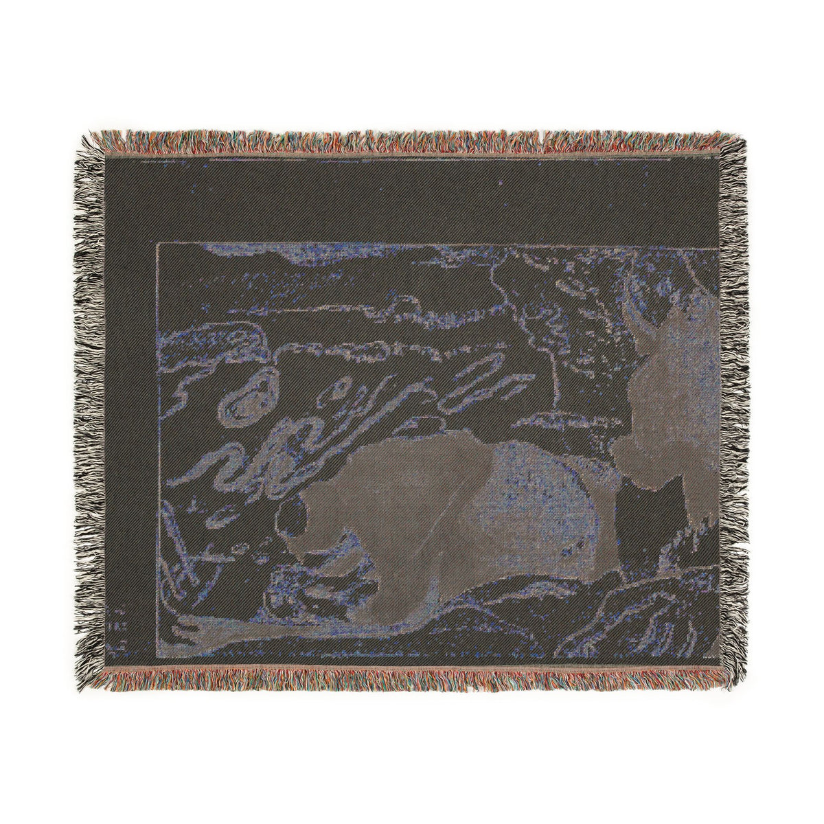 Volpini Suite woven throw blanket dark colorway, charcoal with slate-blue crouching figure verso, fringe flat lay