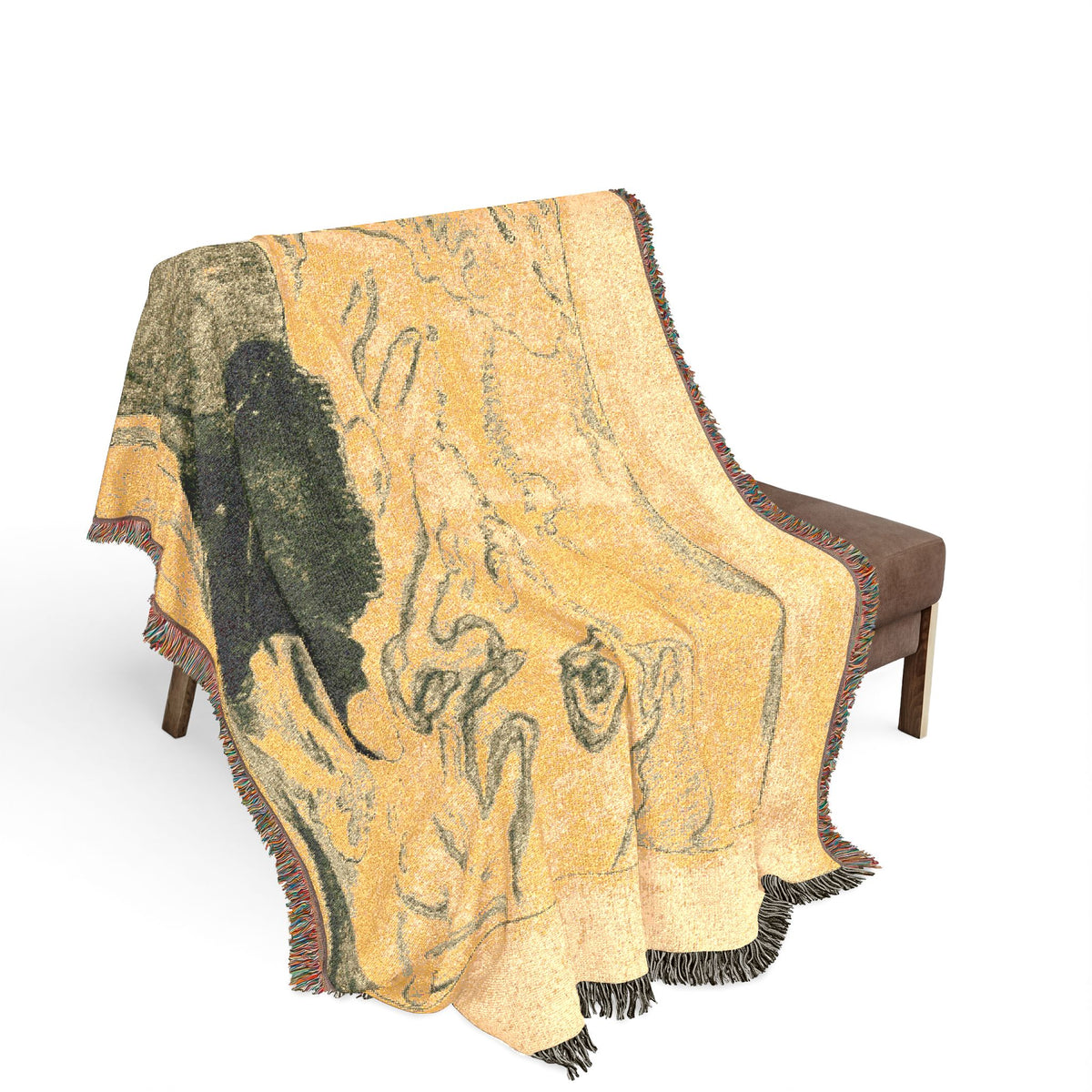 Volpini Suite woven throw blanket over bench, ochre ground with dark Gauguin-style figure verso, fringe edges