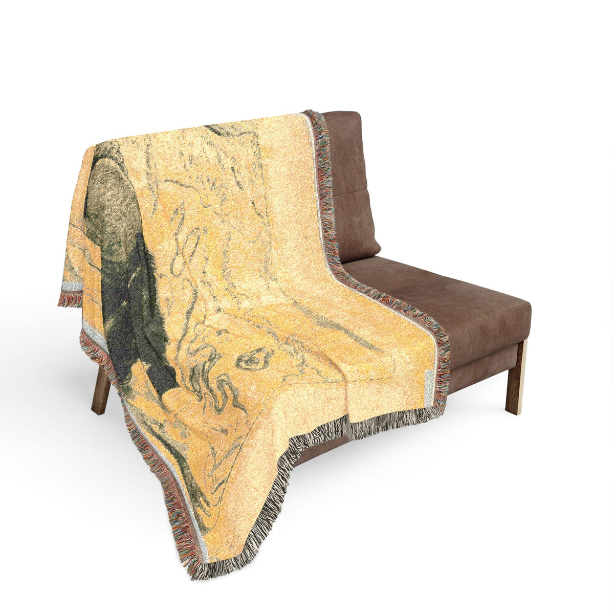 Volpini Suite woven throw blanket over loveseat, ochre with dark Gauguin-style figure silhouette verso, fringe