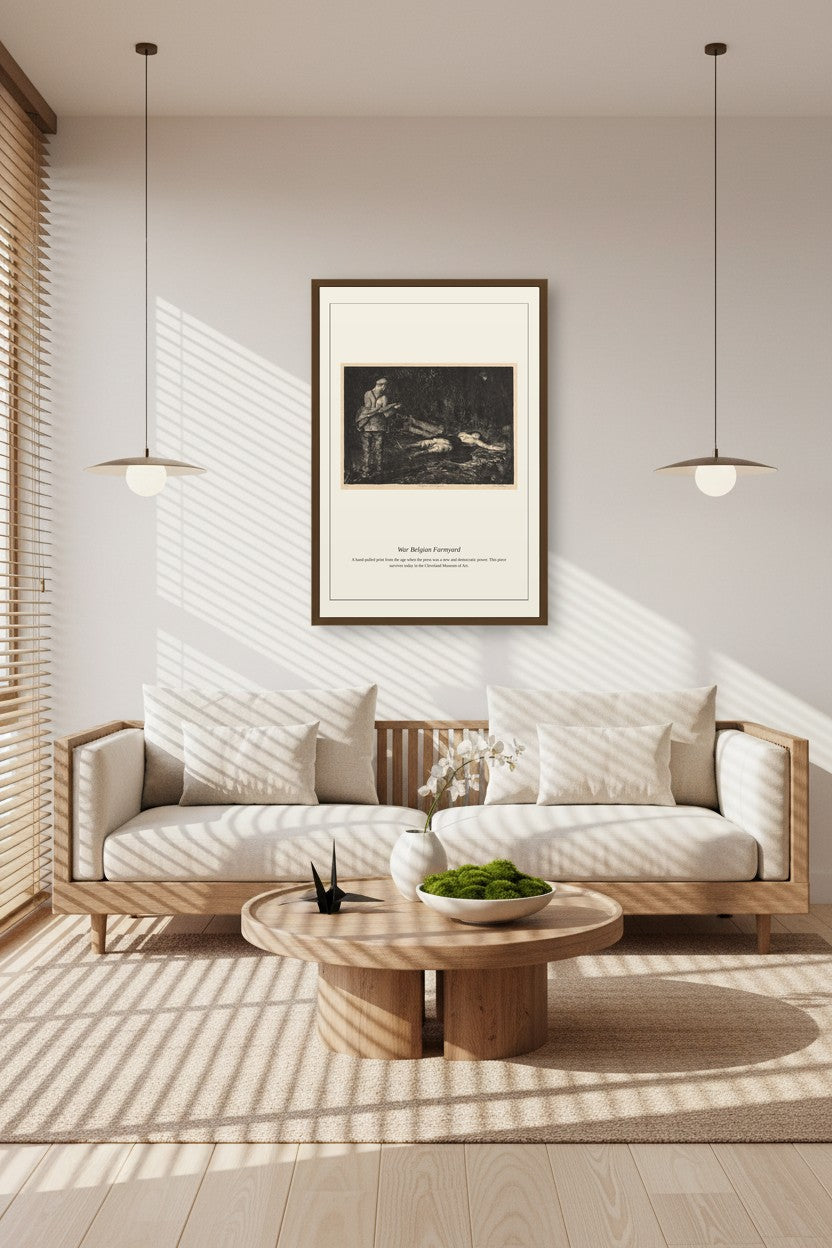 War Belgian Farmyard framed between two pendant lights above a sunlit wooden sofa