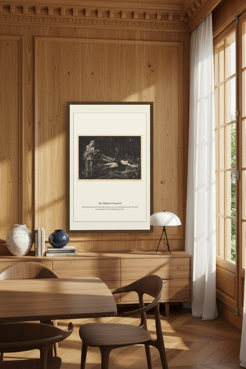 War Belgian Farmyard framed on wood paneling beside a curtained window in a dining room