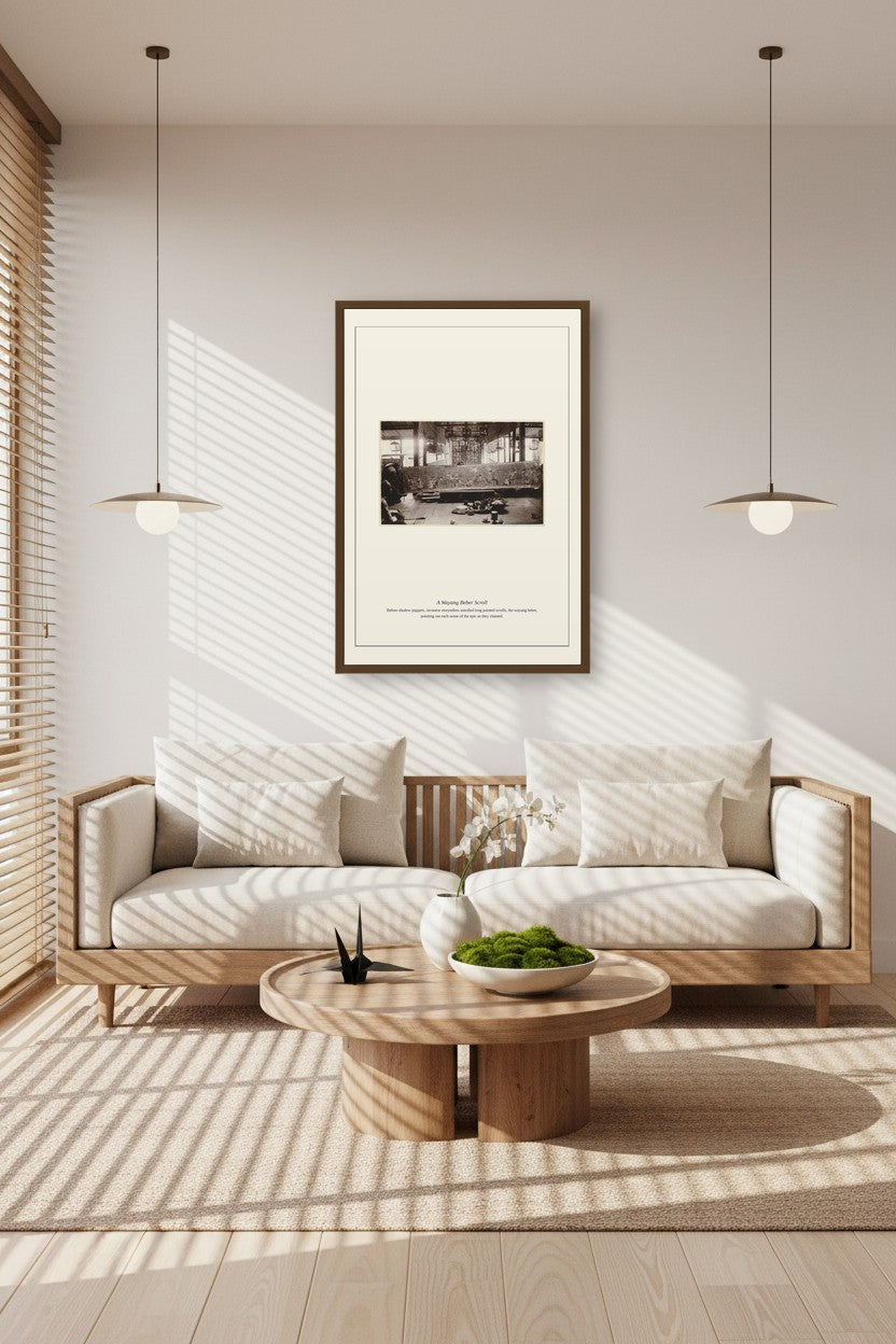 framed Wayang Beber scroll photograph between two pendant lights above a woven sofa