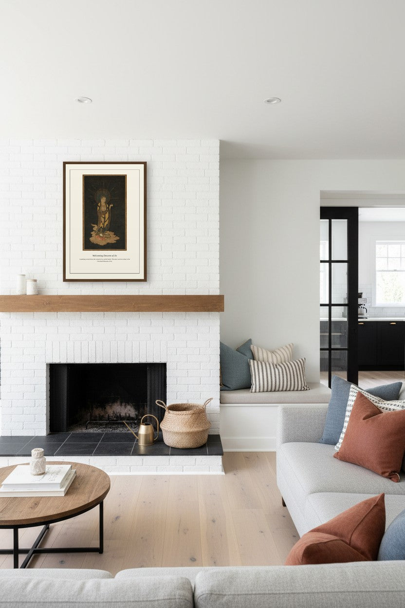 Welcoming Descent of Jiz framed above a white brick fireplace mantel