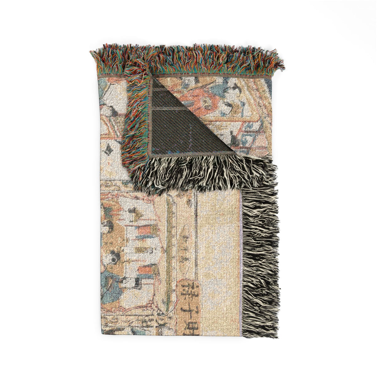 Wife Wealth Sons and a Salary blanket corner fold, cream front with court figures and dark charcoal reverse, fringe