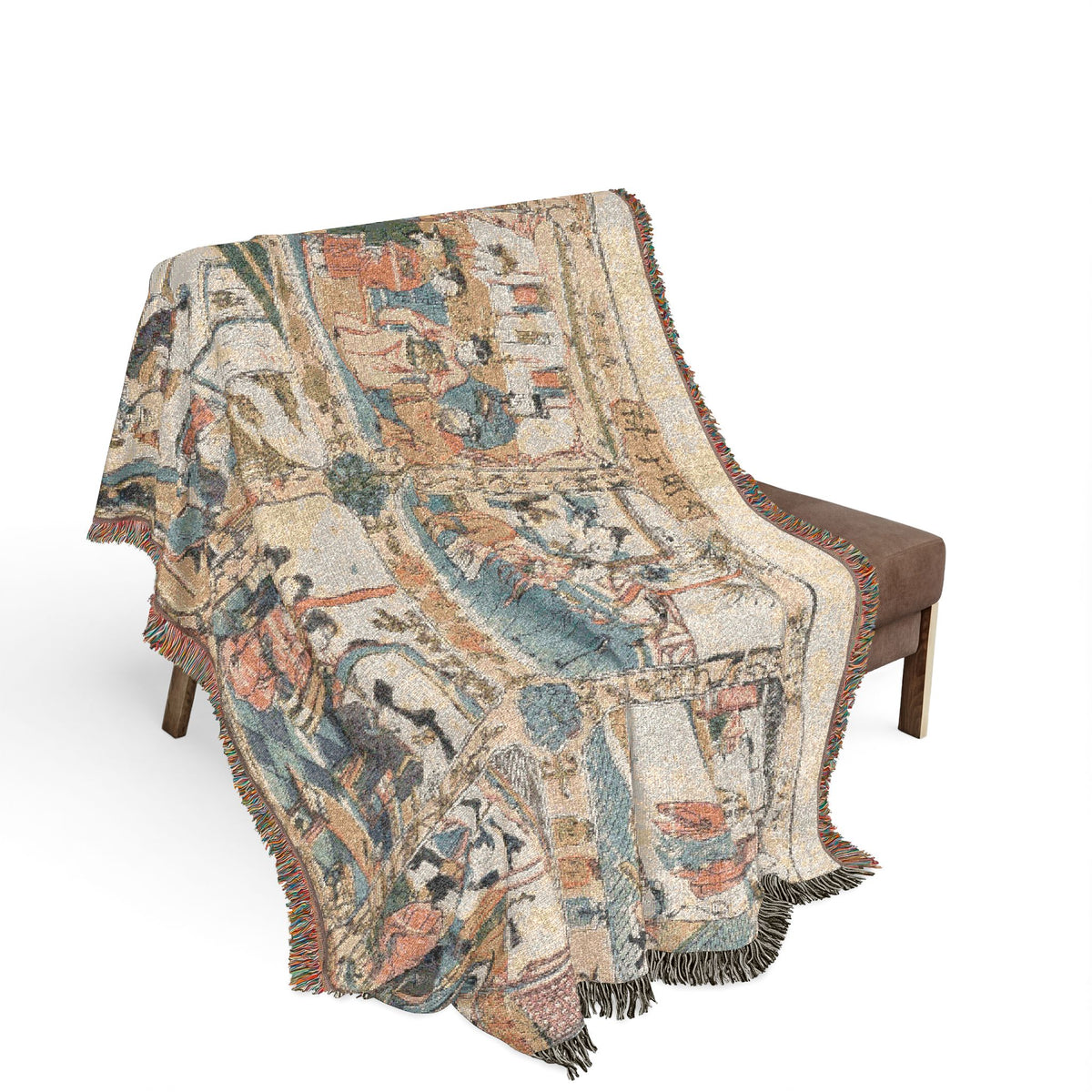Wife Wealth Sons and a Salary blanket on bench, Chinese woodblock court scene in blue and terracotta, cream ground, fringe