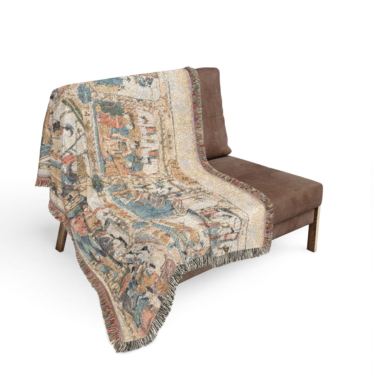 Wife Wealth Sons and a Salary blanket on sofa, multi-panel Chinese woodblock court scenes in cream and blue, fringe