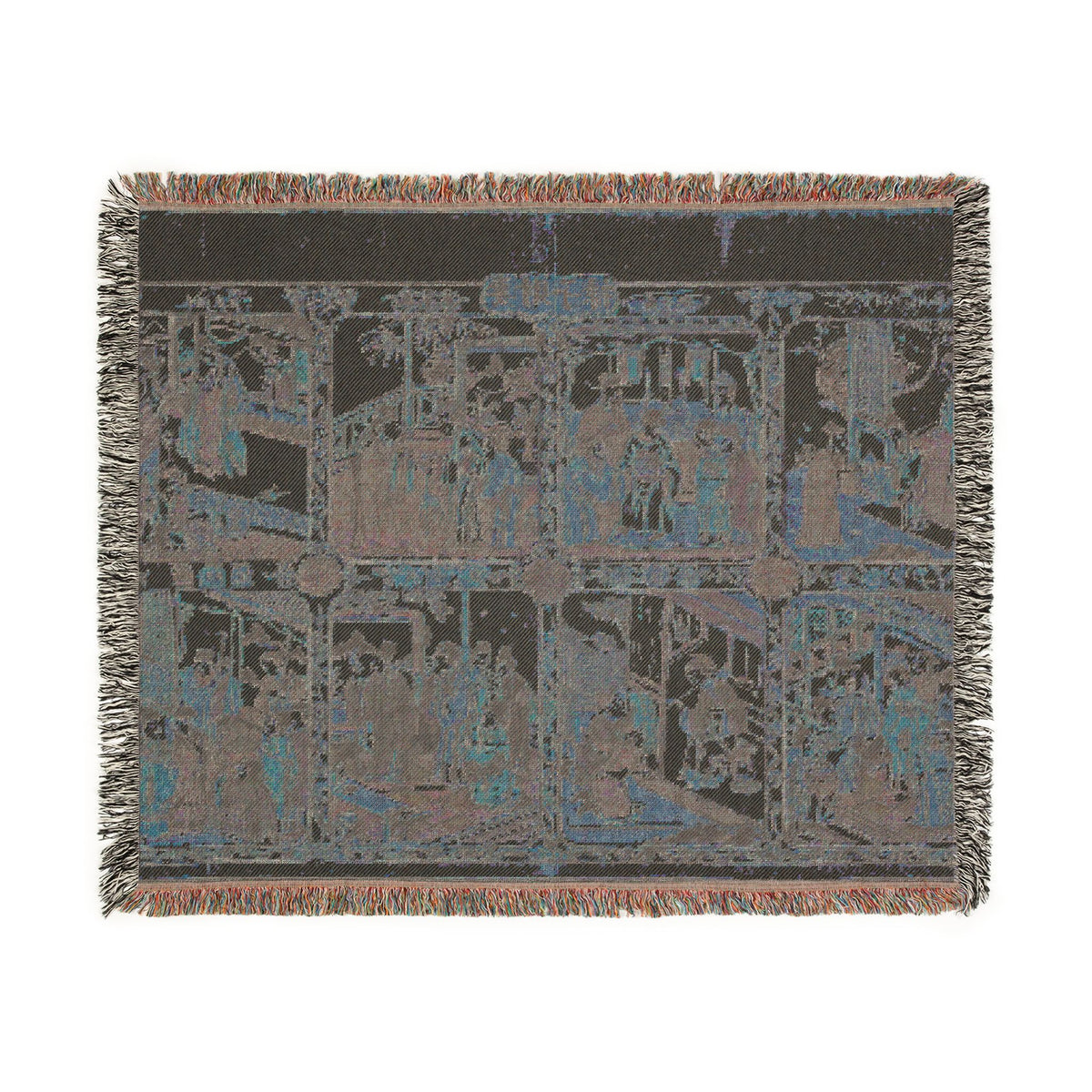 Wife Wealth Sons and a Salary blanket reverse flat, dark charcoal with blue-teal court scene silhouettes and grid, fringe
