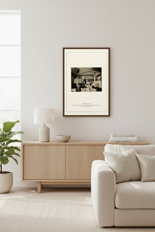 Classical gallery photo print framed above a light console table