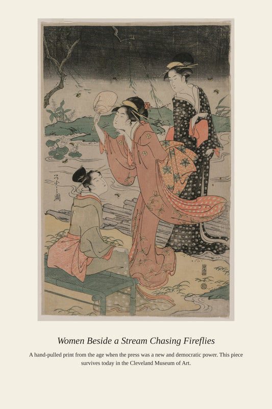 Women Beside a Stream Chasing Fireflies — a restored antique asian art print