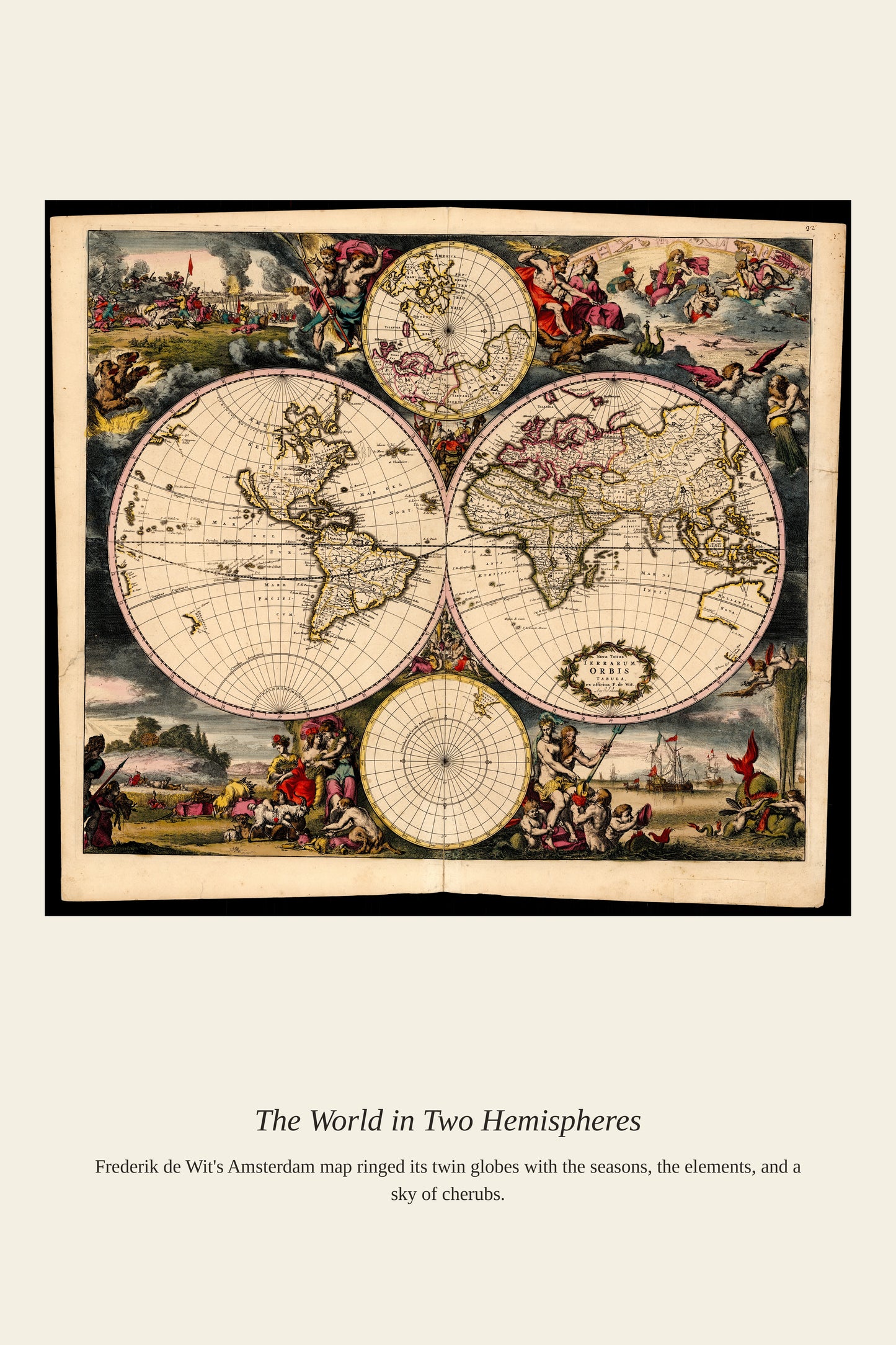 World Map in Two Hemispheres — a restored antique world map print