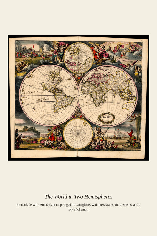 World Map in Two Hemispheres — a restored antique world map print