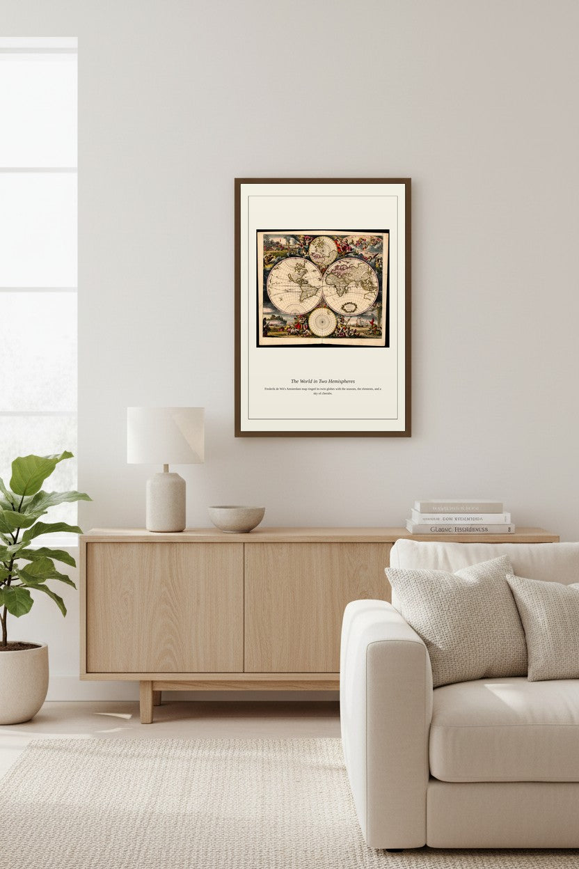 World Map in Two Hemispheres framed above a white brick fireplace mantel