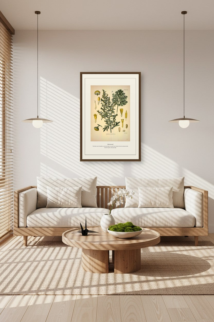 Wormwood illustration framed above a sunlit sofa with cream cushions and a round wood coffee table