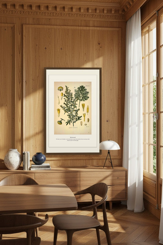 Wormwood print framed on wood-paneled wall in a sunlit dining room with a mushroom-shaped lamp