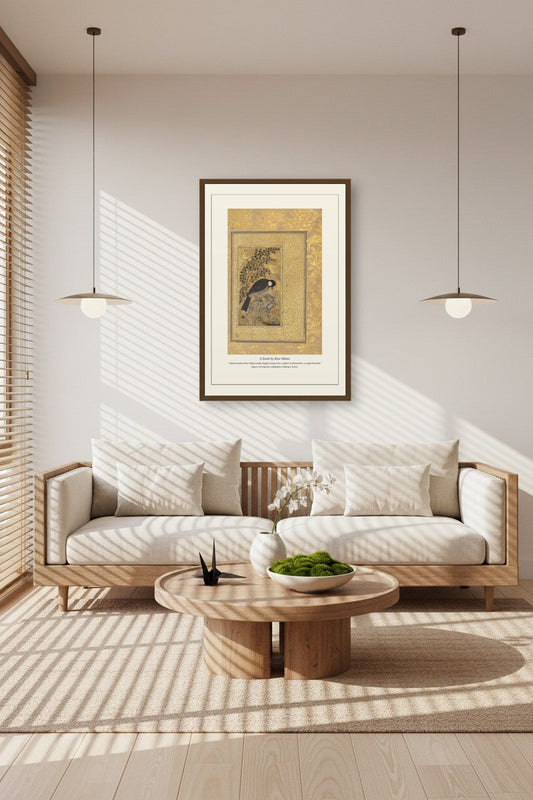 A Youth by Riza Abbasi print framed above a pair of pendant lights in a sunlit living room with a linen sofa