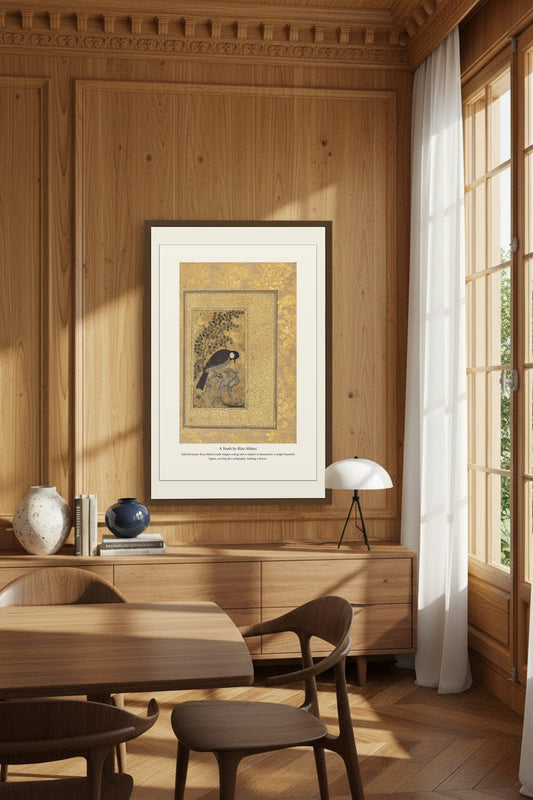 A Youth by Riza Abbasi print framed above a wood sideboard in a paneled dining room with sheer curtains