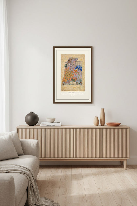 Zal and the Simurgh miniature print above a fluted wood sideboard in a bright room